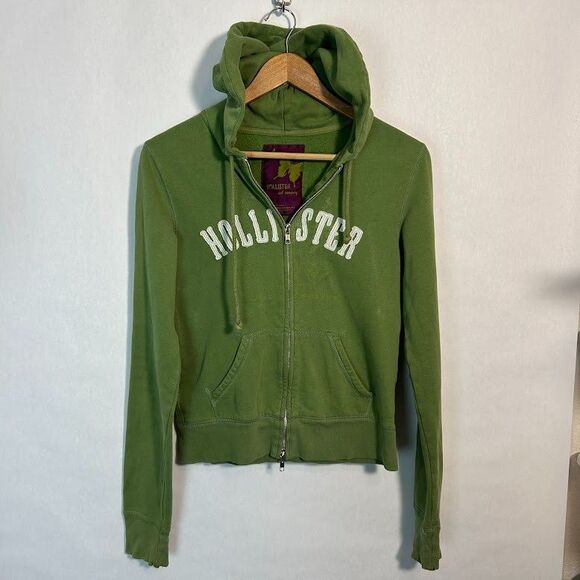 Y2K Hollister Zip Up Hoodie L Green Logo Spellout Surf 2000s Laguna Beach - Picture 2 of 9